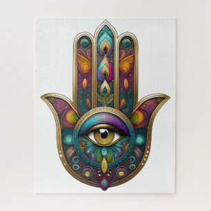 Pfauenfarben Hamsa mit goldenem Dritten Auge Puzzle