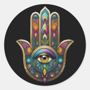 Pfauenfarben Hamsa mit goldenem dritten Auge Runder Aufkleber