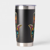 Pfauenfarben Hamsa mit goldenem dritten Auge Thermobecher (Links)