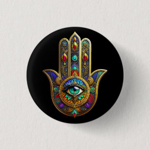 Pfauenfarbene Blütenblätter Hamsa Grün Drittes Aug Button