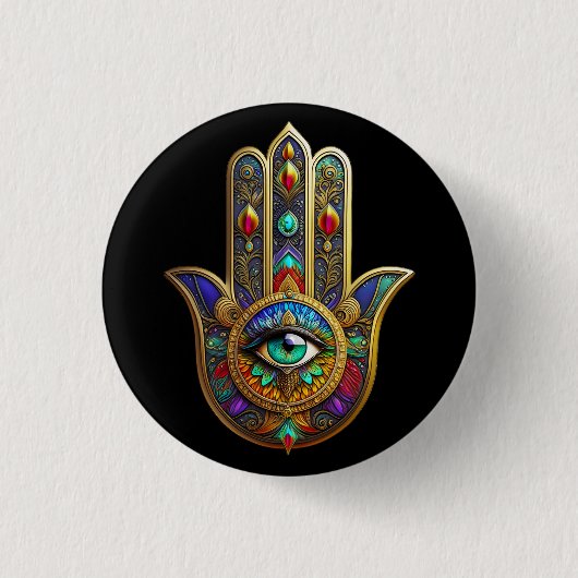 Pfauenfarbene Blütenblätter Hamsa Grün Drittes Aug Button (Vorderseite)