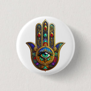 Pfauenfarbene Blütenblätter Hamsa Grün Drittes Aug Button