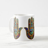 Pfauenfarbene Blütenblätter Hamsa Grün Drittes Aug Kaffeetasse (Vorderseite Links)