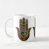 Pfauenfarbene Blütenblätter Hamsa Grün Drittes Aug Kaffeetasse (Links)