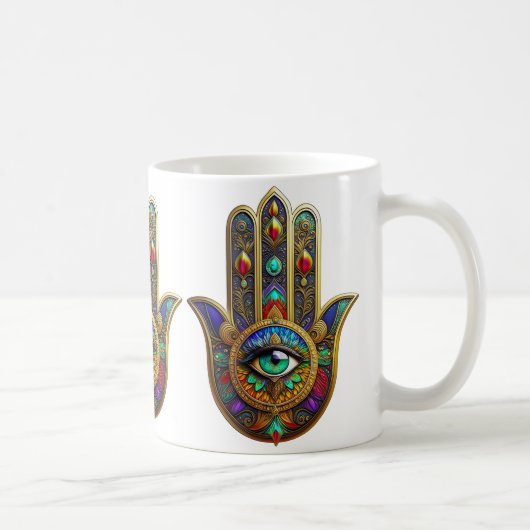 Pfauenfarbene Blütenblätter Hamsa Grün Drittes Aug Kaffeetasse (Rechts)