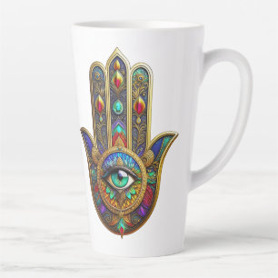 Pfauenfarbene Blütenblätter Hamsa Grün Drittes Aug Milchtasse