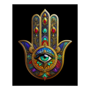 Pfauenfarbene Blütenblätter Hamsa Grün Drittes Aug Poster