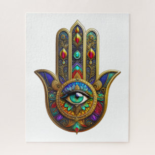 Pfauenfarbene Blütenblätter Hamsa Grün Drittes Aug Puzzle
