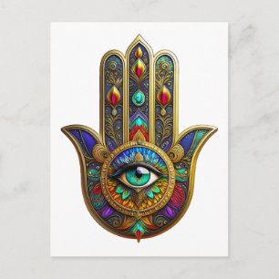 Pfauenfarbene Blütenblätter Hamsa Grünes Drittes A Postkarte