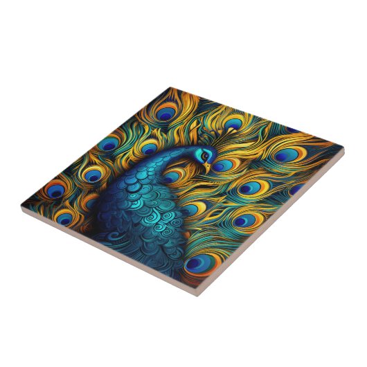 Pfauenfarbenes Blau und Orangendarstellung Fliese (Seite)