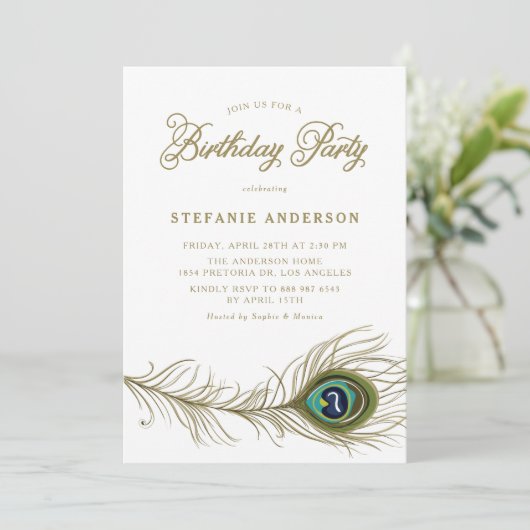 Pfauenfeather-Geburtstagspartei Einladung (Stehend Vorderseite)