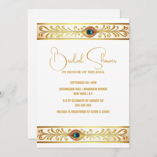 Pfauenfeather-Goldband minimalistisch elegant Einladung (Vorne/Hinten)