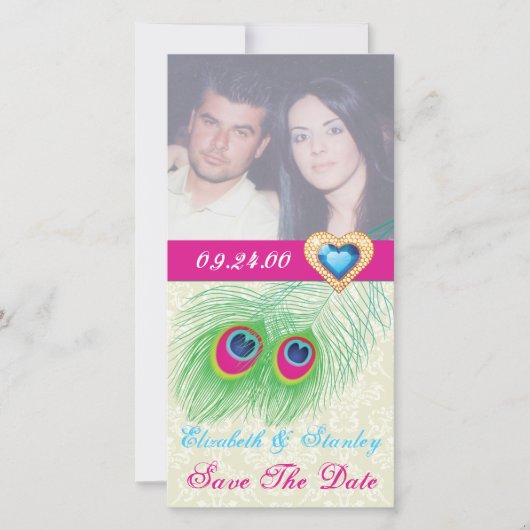 Pfauenfeather Juwelenhochzeit Sicherer Termin Save The Date (Vorderseite)