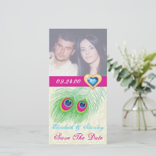 Pfauenfeather Juwelenhochzeit Sicherer Termin Save The Date (Stehend Vorderseite)