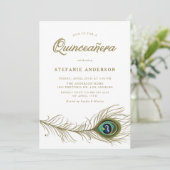 Pfauenfeather Quinceañera Einladung (Stehend Vorderseite)