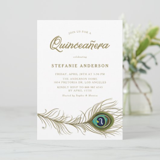 Pfauenfeather Quinceañera Einladung (Stehend Vorderseite)