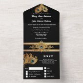 Pfauenfeathers Black Gold elegante Hochzeit All In One Einladung (Innen)