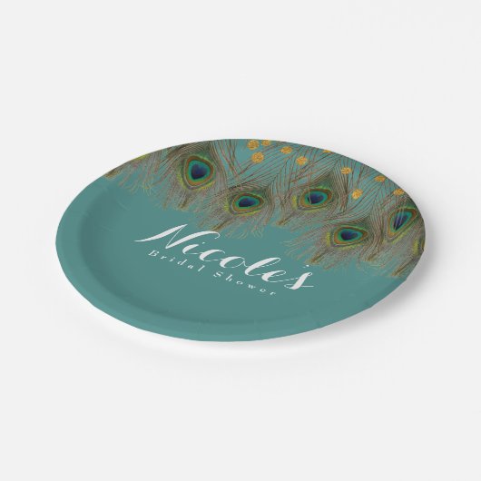 Pfauenfeathers & Gold Dots JEDES FARBParty Pappteller (Schrägansicht)