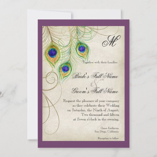 Pfauenfeathers Hochzeitseinladung Einladung (Vorderseite)