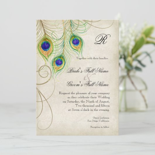 Pfauenfeathers Hochzeitseinladung Einladung (Stehend Vorderseite)
