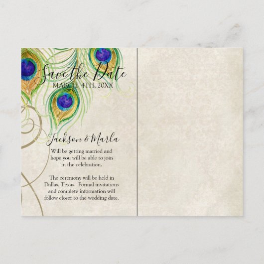 Pfauenfeathers laden Save the Date Karten ein (Rückseite)