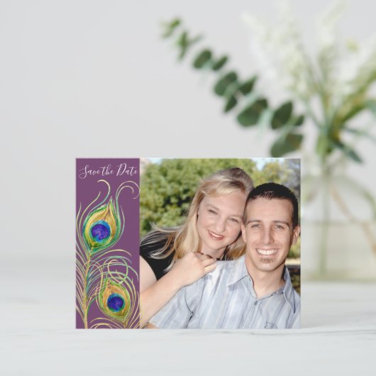 Pfauenfeathers laden Save the Date Karten ein (Stehend Vorderseite)