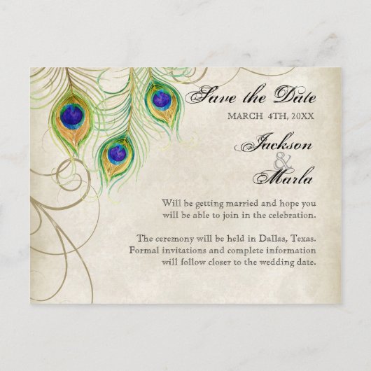 Pfauenfeathers laden Save the Date Karten ein (Rückseite)