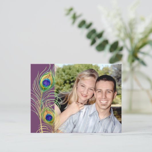 Pfauenfeathers laden Save the Date Karten ein (Stehend Vorderseite)