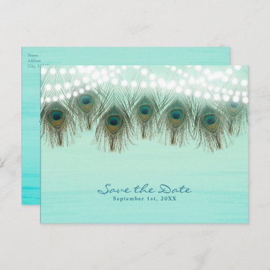 Pfauenfeathers & Lights Rustikal Save the Date Ankündigungspostkarte (Vorne/Hinten)