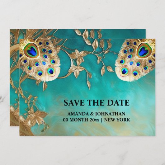 Pfauenfeathers luxuriöse Natur Vogel plumage blu Save The Date (Vorne/Hinten)