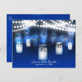 Pfauenfeathers, Mason Jar & Lights Save the Date Ankündigungspostkarte (Vorne/Hinten)