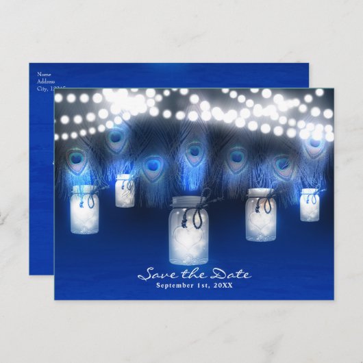 Pfauenfeathers, Mason Jar & Lights Save the Date Ankündigungspostkarte (Vorne/Hinten)