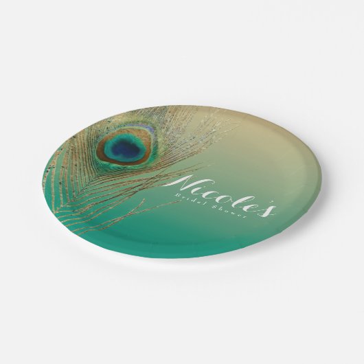 Pfauenfeathers, Mason Jar & String Lights Party Pappteller (Schrägansicht)