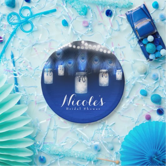 Pfauenfeathers, Mason Jar & String Lights Party Pappteller (Party)