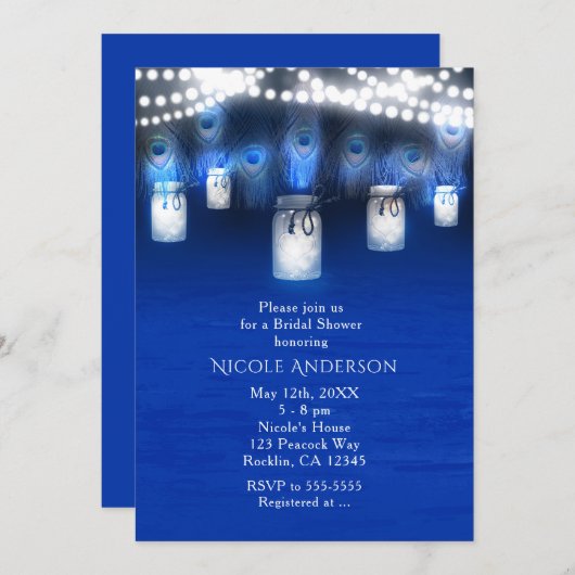 Pfauenfeathers, Mason Jar & String Lights Rustikal Einladung (Vorne/Hinten)