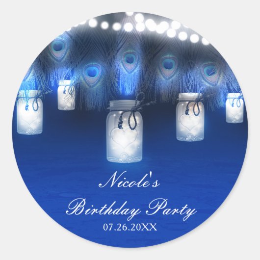Pfauenfeathers, Mason Jar & String Lights Rustikal Runder Aufkleber (Vorderseite)