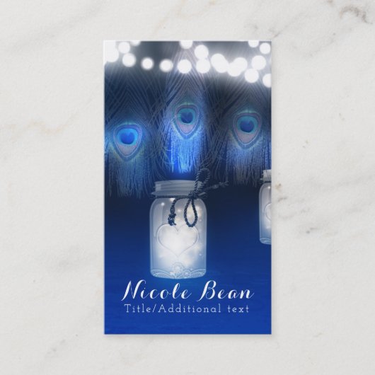 Pfauenfeathers, Mason Jar & String Lights Rustikal Visitenkarte (Vorderseite)