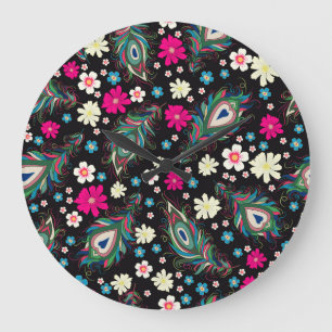 Pfauenfeathers Stickerei Nahtloses Muster Große Wanduhr