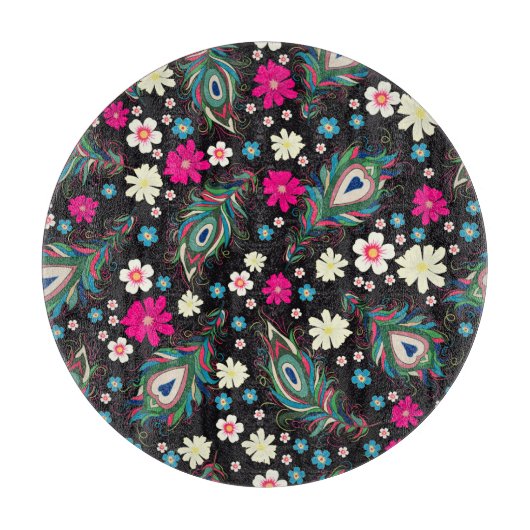 Pfauenfeathers Stickerei Nahtloses Muster Schneidebrett (Vorderseite)