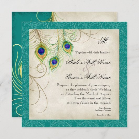 Pfauenfeathers Wedding Invitation - Aquamarin Blue Einladung (Vorne/Hinten)