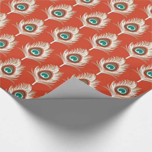 Pfauenfeathers, weiß auf Mandarin Orange Geschenkpapier (Ecke)