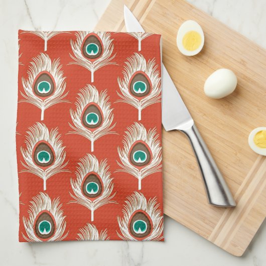 Pfauenfeathers, weiß auf Mandarin Orange Handtuch (Viertel Falte)