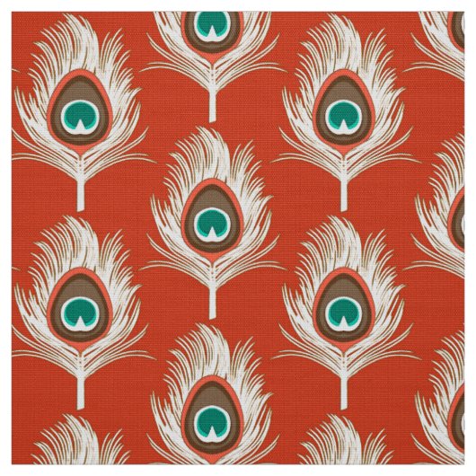 Pfauenfeathers, weiß auf Mandarin Orange Stoff (Muster)