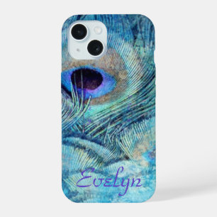 Pfauenfeder aquamariner blauer lila Marmor elegant iPhone 15 Hülle