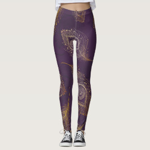 Pfauenfeder aus Gold, violetter Hintergrund. Leggings