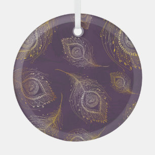 Pfauenfeder aus Gold, violetter Hintergrund. Ornament Aus Glas