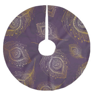 Pfauenfeder aus Gold, violetter Hintergrund. Polyester Weihnachtsbaumdecke