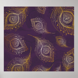 Pfauenfeder aus Gold, violetter Hintergrund. Poster
