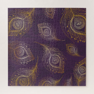 Pfauenfeder aus Gold, violetter Hintergrund. Puzzle