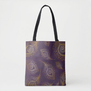 Pfauenfeder aus Gold, violetter Hintergrund. Tasche